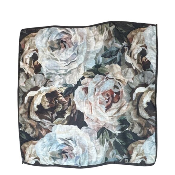 2/$30 Retro Commute Leaves Daisy Floral Olive Coffee Cream Polyester Silk Scarf - Picture 6 of 8